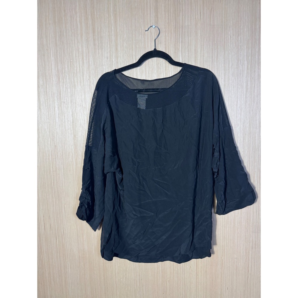 Akris Punto Black Mulberry Silk Mesh Inset Roll Tab Sleeve Blouse Top Sz 14